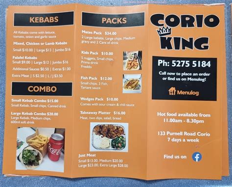 Menu at Corio King fast food, Corio