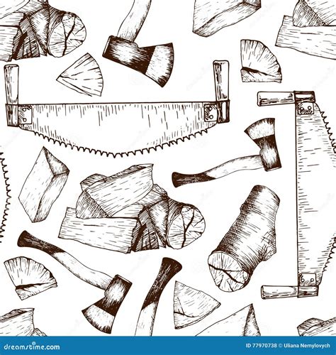 vector seamless pattern  timber working tools  axe firewoods