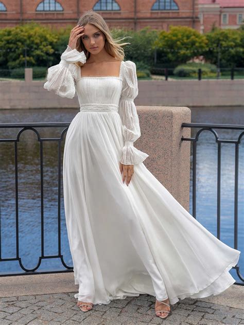 Square Neckline Long Sleeve Wedding Dress Sale Online