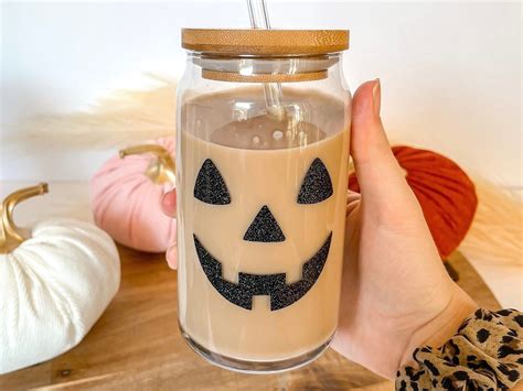 Glitter pumpkin iced coffee cup with lid and straw spooky season iced