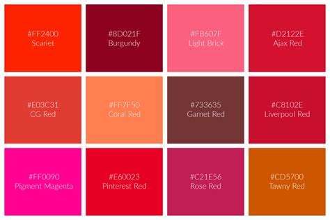 134 Shades of Red: Names, Hex, RGB, CMYK Codes
