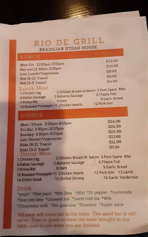 Menu at Rio De Grill Brazilian Steakhouse, Charleston