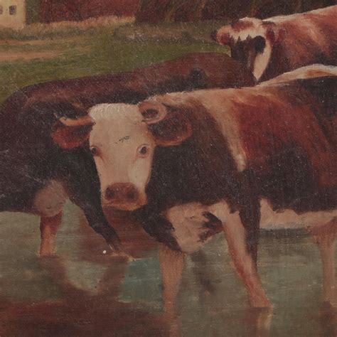 Folk Art Oil Painting of Cows, Mid-20th Century | EBTH