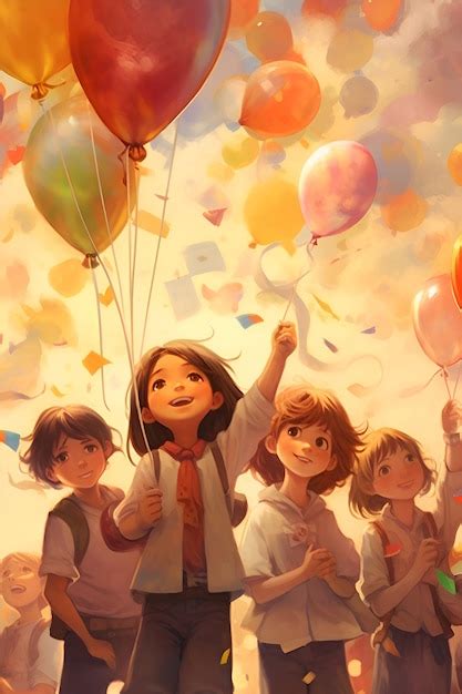 Premium AI Image | A group of children with balloons in the sky