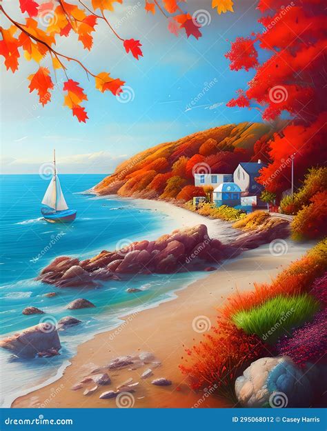 Autumn by the sea stock illustration. Illustration of golden - 295068012