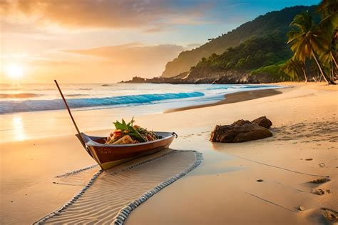 Premium Photo | A boat on the beach at sunset