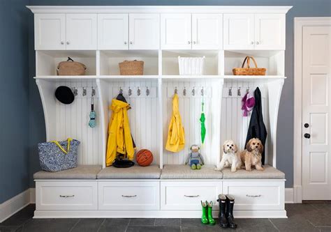 White Mudroom Lockers with Blue Walls - Traditional - Laundry Room