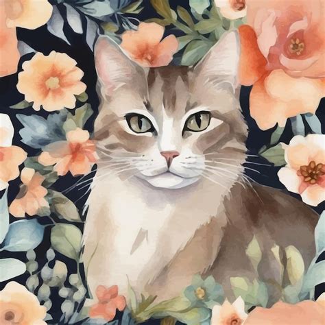 Gato con flores | Vector Premium
