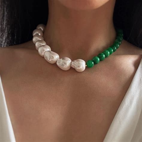 Large Baroque Pearl Necklace, White Baroque Necklace With Natural Green
