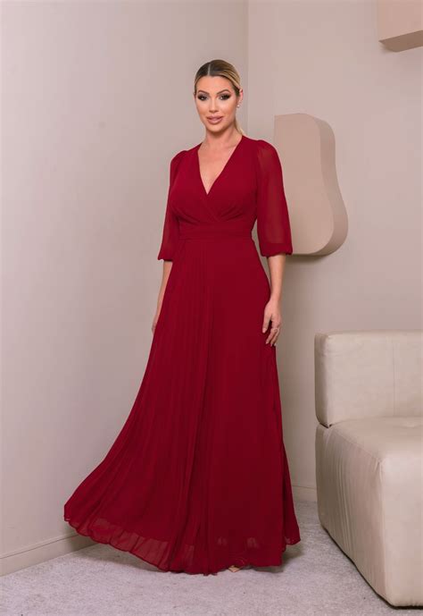 Vestido De Festa Chiffon - Vestido de Festa Maxi Plissado em Chiffon Marsala para Madrinhas e ...