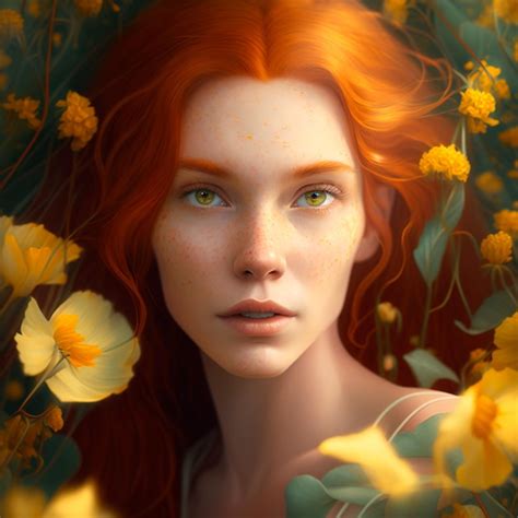Eine Frau mit roten Haaren und Sommersprossen in einer Blumenwiese