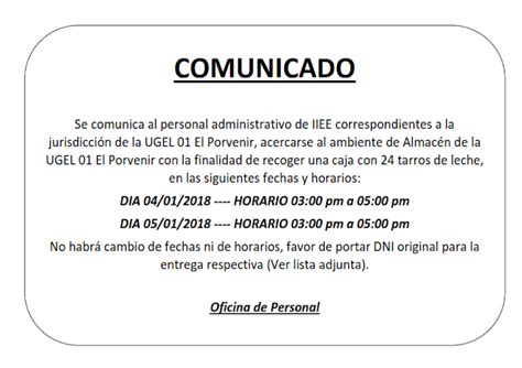 COMUNICADO PARA PERSONAL ADMINISTRATIVO DE II.EE. - UGEL 01 EP