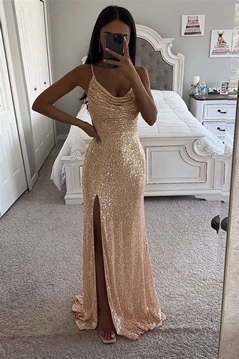 queendancer women champagne sparkly long prom dress  slit spaghetti