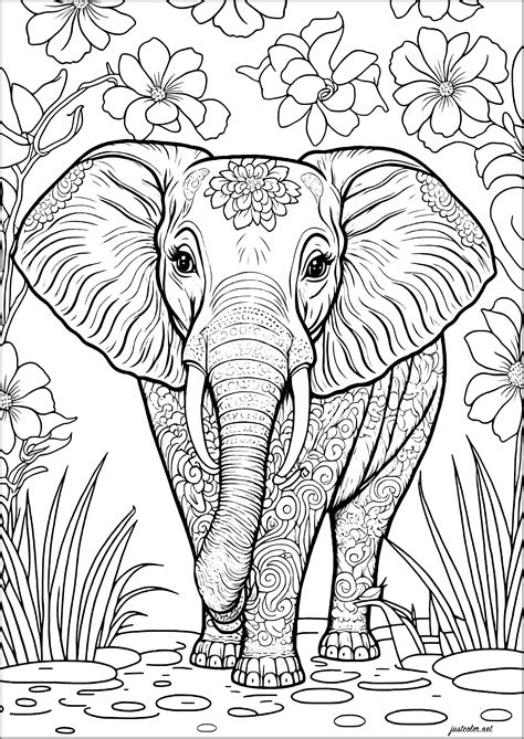 Elephant and flowers - Elephant Coloring Pages for adults