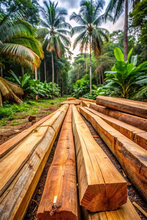 Two wooden beams or planks laying in tropical forest with more illegaly