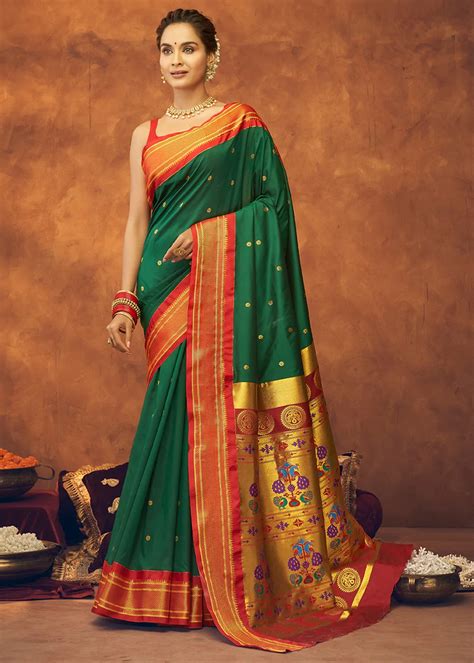 forest green paithani silk saree  red blouse urban womania