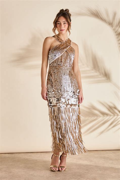 Dresses | Gold Sequin Tassel Halter Neck Dress | Coast