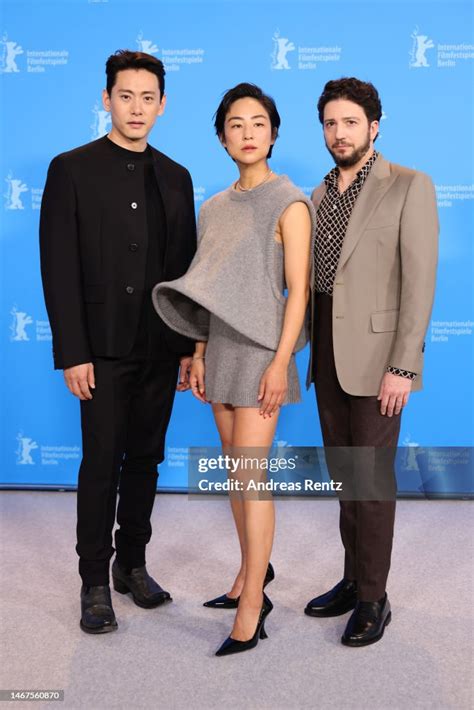 Teo Yoo, Greta Lee and John Magaro pose at the "Past Lives" photocall... News Photo - Getty Images