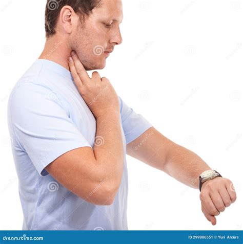 Neck Pulse, Watch and Fitness Man Check Heart Rate Time for Workout