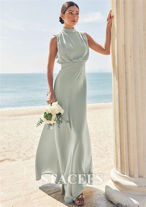 A-line High-Neck Sleeveless Floor-Length Stretch Satin Bridesmaid Dress