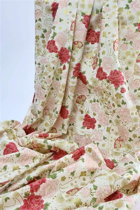 Japanese fabric cats peonies and fans ivory background - DIY District