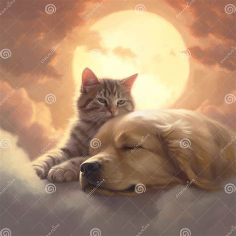 Striped Tabby Cat and Labrador Dog Sleeping on a Cloud Infront of a ...