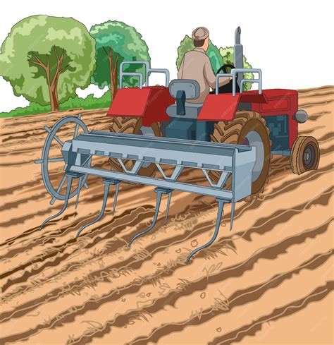 Premium Vector | Man ploughing the field while sitting on his tractor