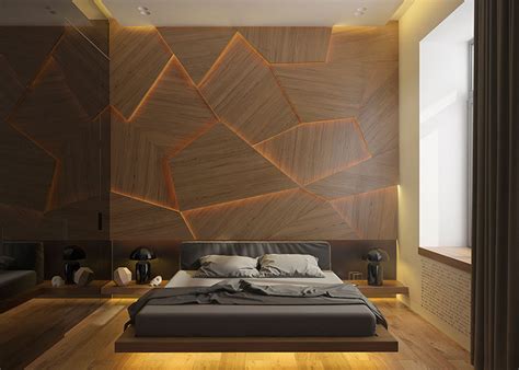 This Bedroom Has A Geometric Back Lit Wood Accent Wall