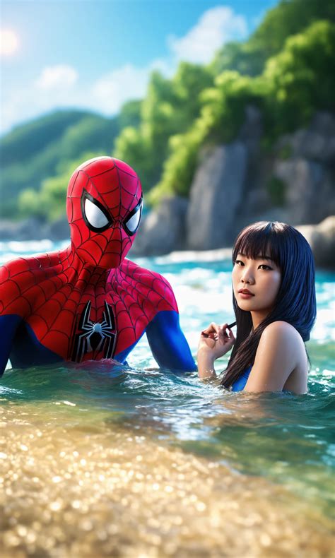 Lexica - Spiderman with his hot Asian girlfriend swimming on the beach