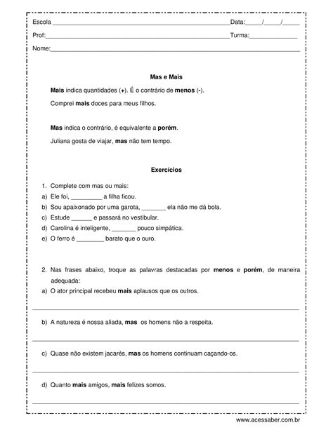 Atividade Mas E Mais - Atividade de Língua Portuguesa: uso de mas e mais - Acessaber