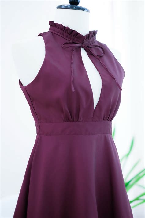 HANDMADE Dress Marry Sundress Maroon Dress Ruffle Neck Maroon