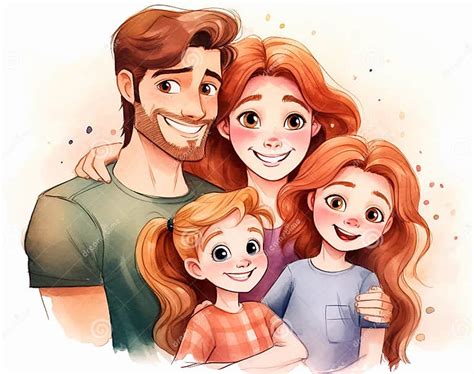 family portrait happy parents   daughters cartoon watercolor