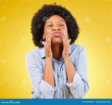 Happy, Blow Kiss and Black Woman in a Studio for Love, Romance or
