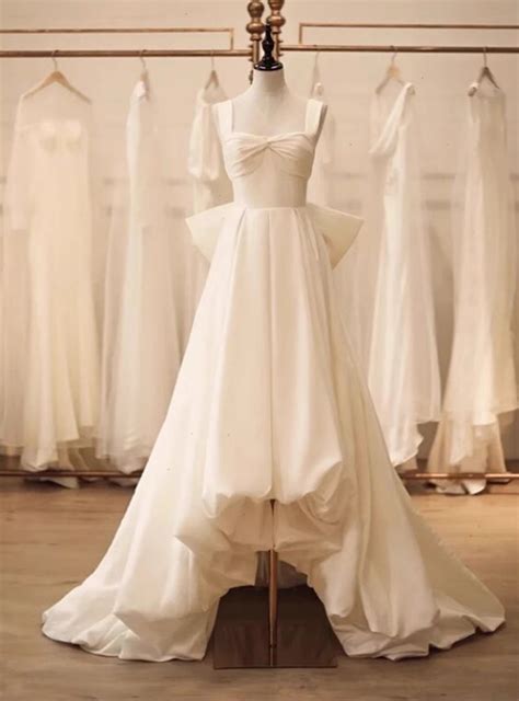 Ivory White Satin Hi Lo Wedding Dress