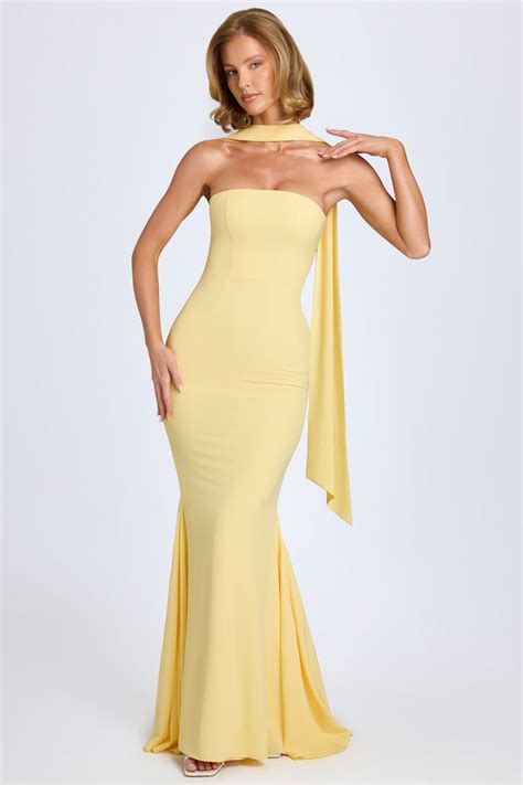 Imogene Scarf-Detail Strapless Gown in Pastel Yellow | Oh Polly