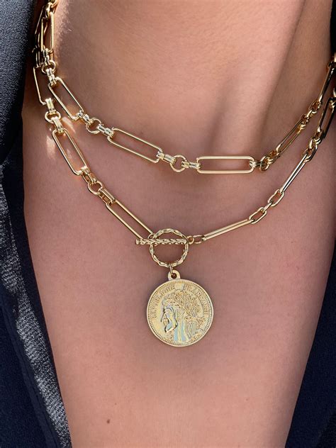 Gold Coin Medallion Necklace Layered Link Chain Necklace - Etsy