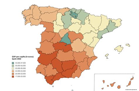 GDP per capita (€) in Spain by province 2019 : MapPorn