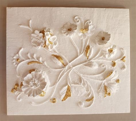 Plaster wall art Gold leaf artwork Relief Plaster Relief White | Etsy