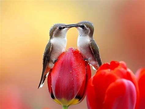 Two Hummingbirds Alighted on a Red Petal Stock Photo - Image of detail ...