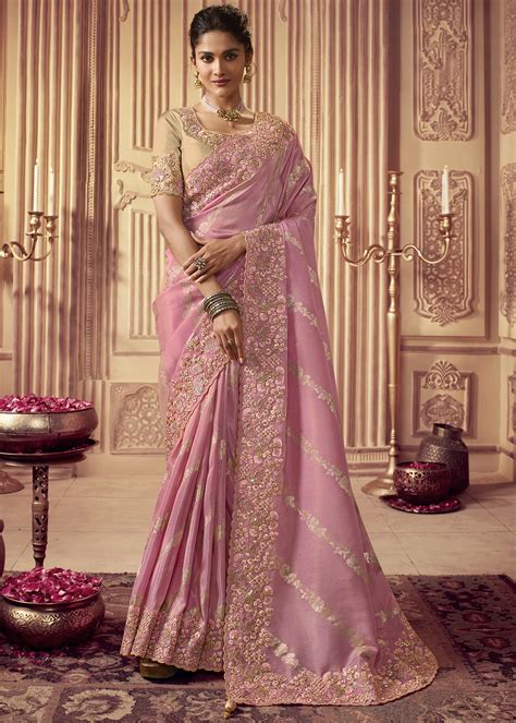 blush pink embroidered banarasi silk saree urban womania