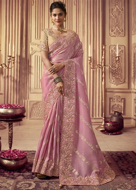 Blush Pink Embroidered Banarasi Silk Saree - Urban Womania