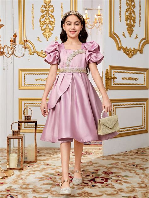 SHEIN Kids Nujoom Tween Girl's Slim-Fit Elaborate Long Sleeve Dress ...