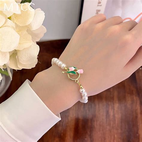 bracelet  women french vintage tulip pearl ot button simple fashion