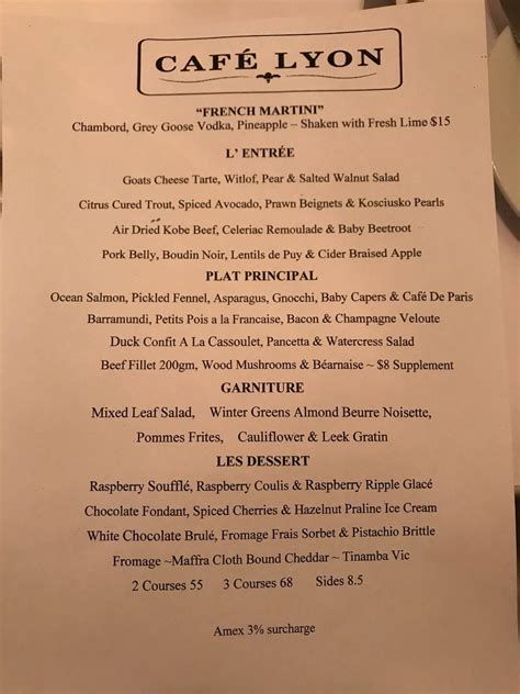 Menu at Café Lyon restaurant, Lindfield