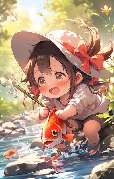 Premium AI Image | anime girl with a fish in her hand and a hat on ...