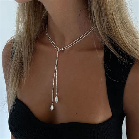 Sterling Silver Lariat Drop Pearl Necklace, Dainty Silver Y Necklace