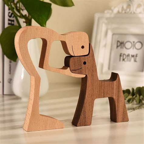 Family Puppy Wood Dog Craft Figurine Desktop Table Ornament Carving Model Creative Home Office ...