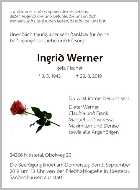 traueranzeigen von ingrid werner trauerhnade
