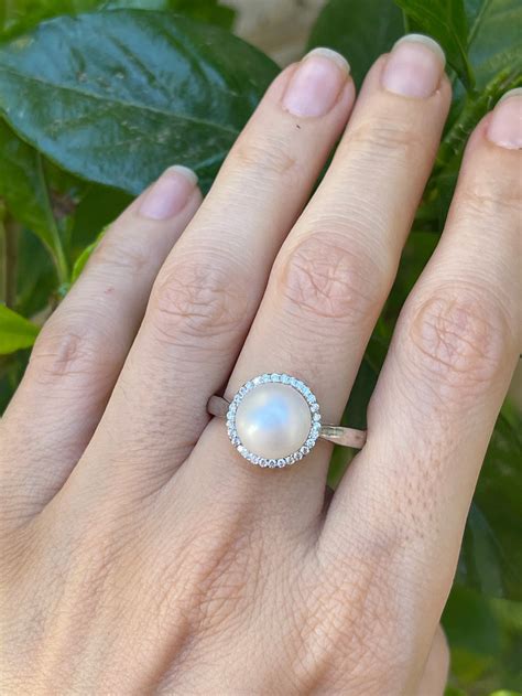 Halo Pearl Engagement Ring Round Freshwater Pearl Promise | Etsy
