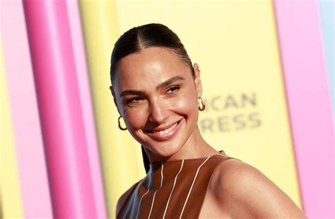 Gal Gadot Glows in Low-Cut Leather Pinstripe Mini Dress at 'Barbie ...